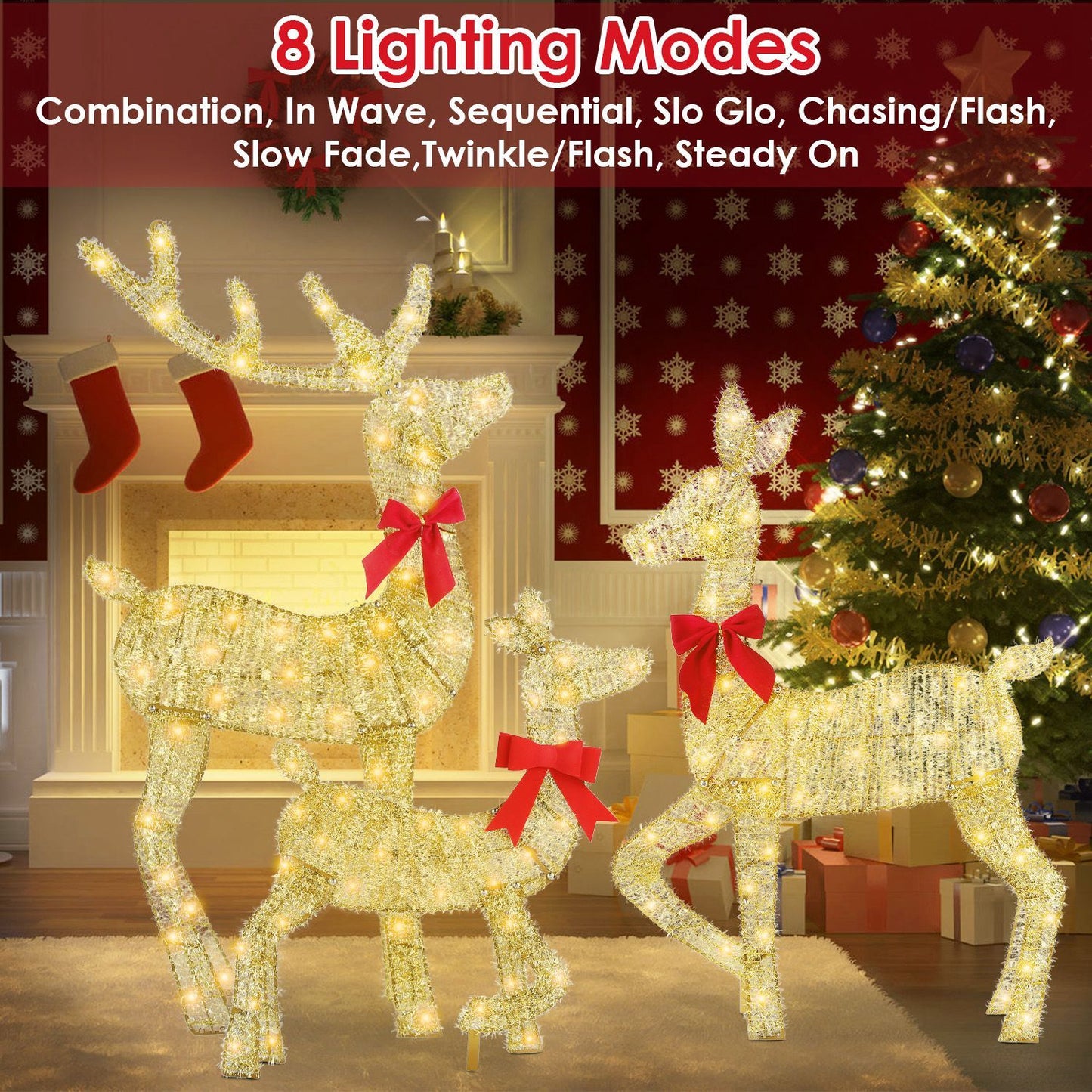 3Pcs In 1 Set 2D Lighted Christmas Deer Family Set Indoor Outdoor Light Up Reindeer Decorations Lighted Buck Doe Fawn Display With 8 Lighting Modes