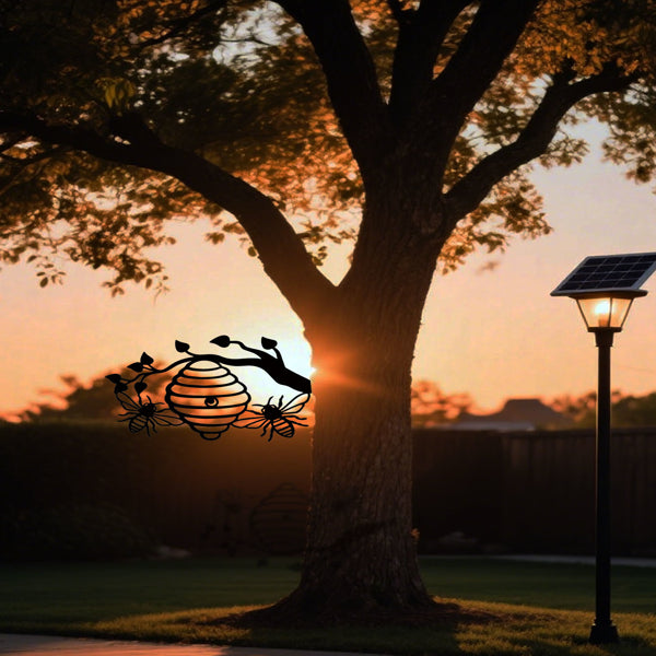 CIFbuy Sunny Yellow Honeycomb Iron Wall Art Outdoor Bee And Tree Silhouette Garden Hanging Decor For Patio Yard Backyard(TikTok, Temu Pick-up Service)