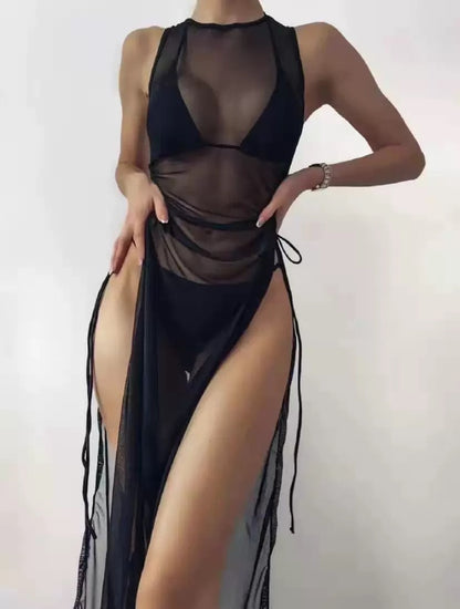 Swimsuit Solid Color Mesh Split Three Piece Set