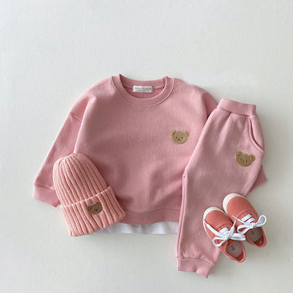 Korean Style Ins Newborn Infant Children's Cotton Bear Round Neck Sweater Sports Suit Baby Leisure Cartoon Two Piece Set