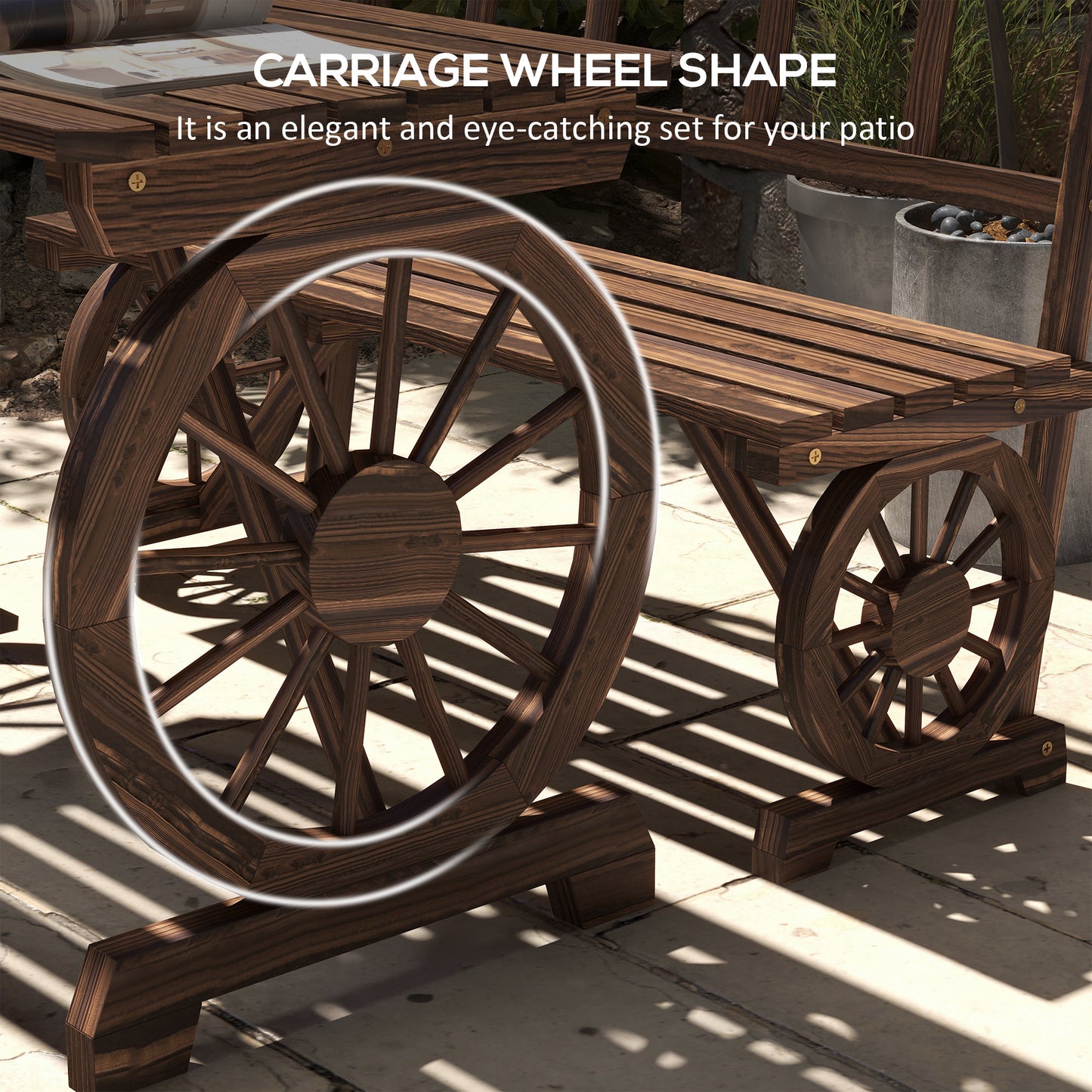 Patio Table and Chairs for 4 People, Wagon Wheel Design, Outdoor Furniture Set for Backyard, Garden, Carbonized