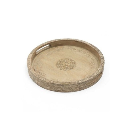 Round Mango Wood Serving Tray Rustic Brown Design For Stylish Entertaining