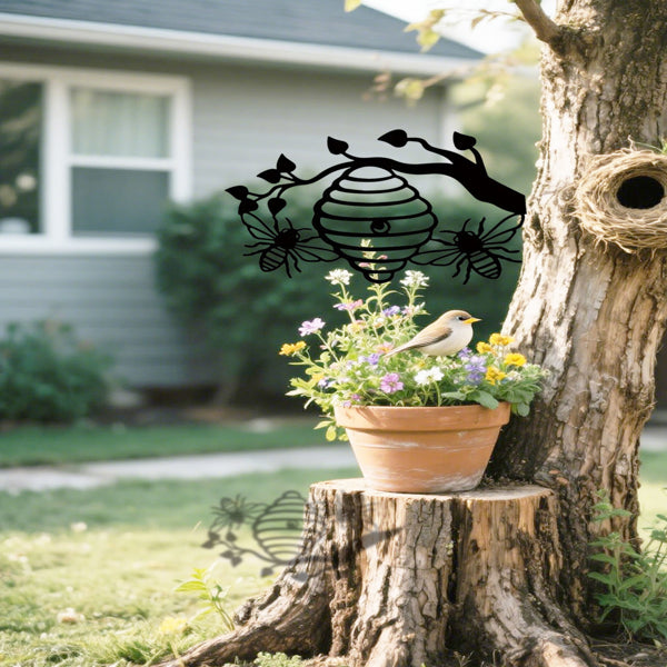 CIFbuy Sunny Yellow Honeycomb Iron Wall Art Outdoor Bee And Tree Silhouette Garden Hanging Decor For Patio Yard Backyard(TikTok, Temu Pick-up Service)