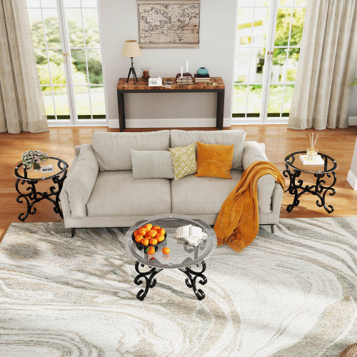 3 Piece Tempered Glass Surface Coffee Table Set Decor Coffee Table