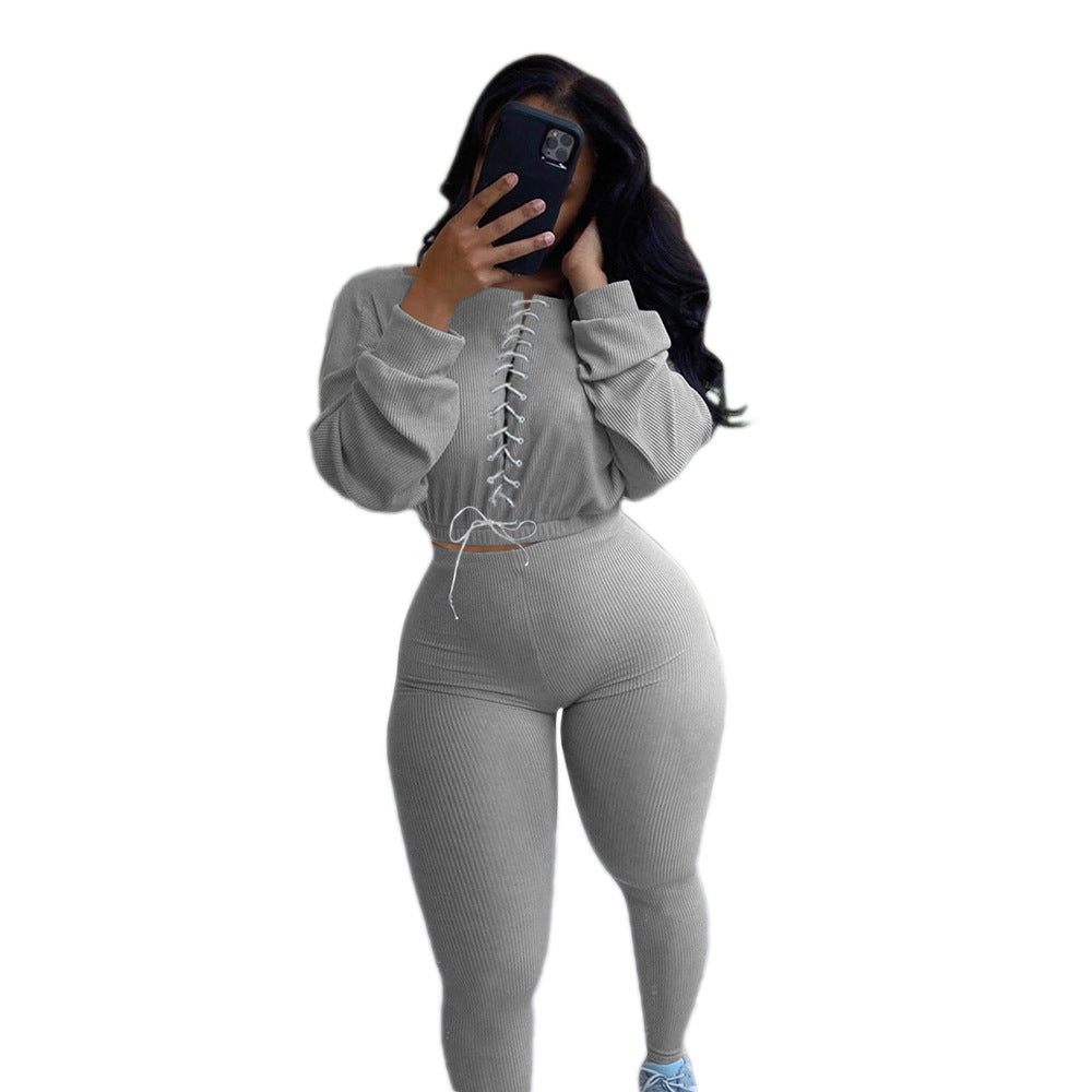 Autumn And Winter Tied Rope Leisure Sports Two-piece Set
