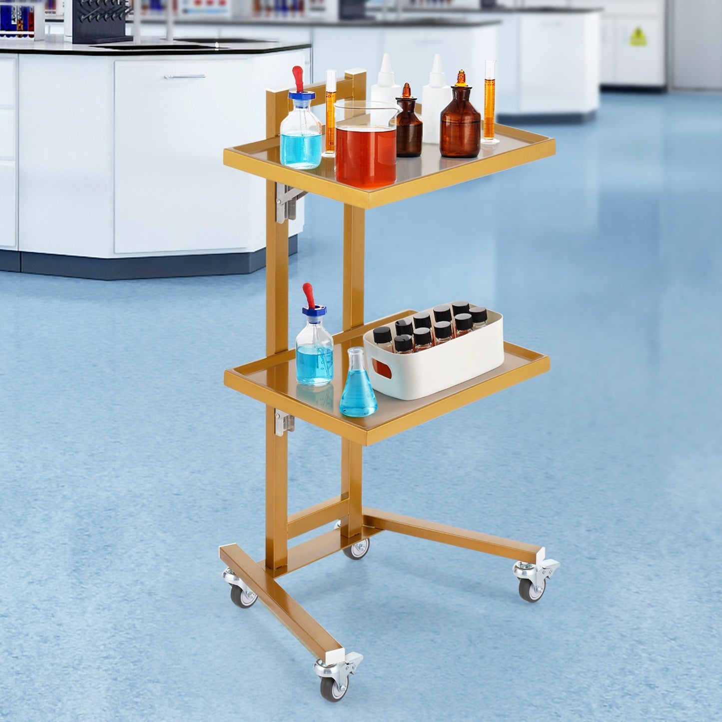 2 Tiers Stainless Steel Lab Carts With 2 Trays  4 Silent Wheels Golden, Lab Serving Cart Utility Cart Stainless Steel Medical Cart, Lab Carts With 2 Drawers  Top Tray, Lab Rolling Cart For Lab, Clin