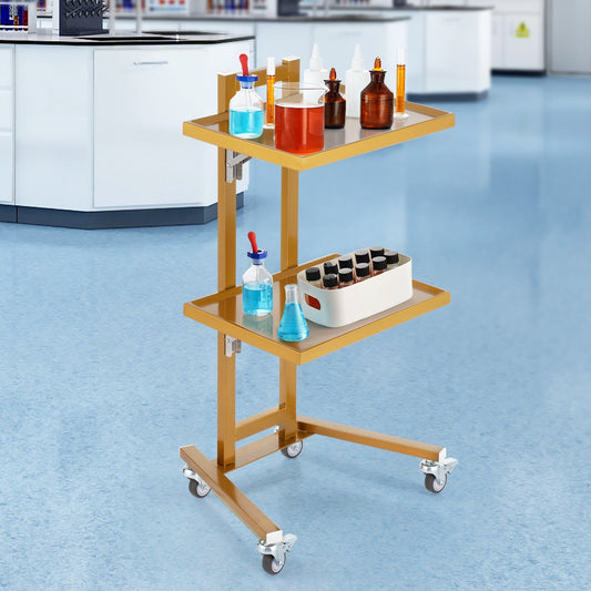 2 Tiers Stainless Steel Lab Carts With 2 Trays  4 Silent Wheels Golden, Lab Serving Cart Utility Cart Stainless Steel Medical Cart, Lab Carts With 2 Drawers  Top Tray, Lab Rolling Cart For Lab, Clin