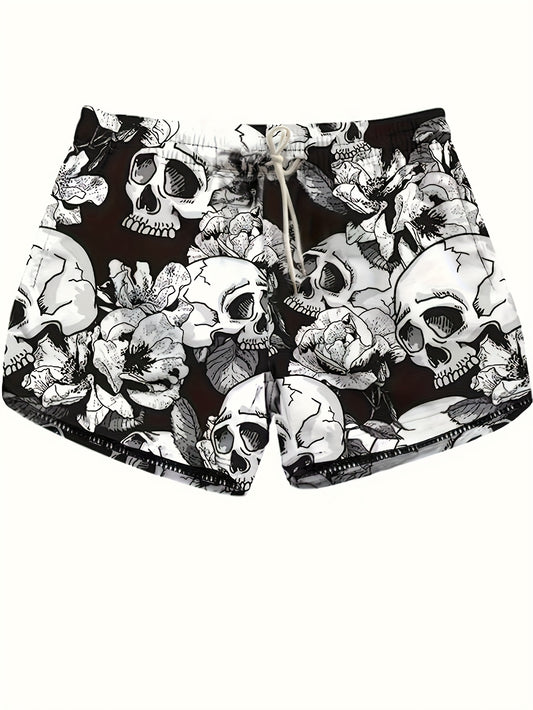 Women's Large-size Sports Shorts With Skull Print, Drawstring One-piece Sports Bottom, Beach Style