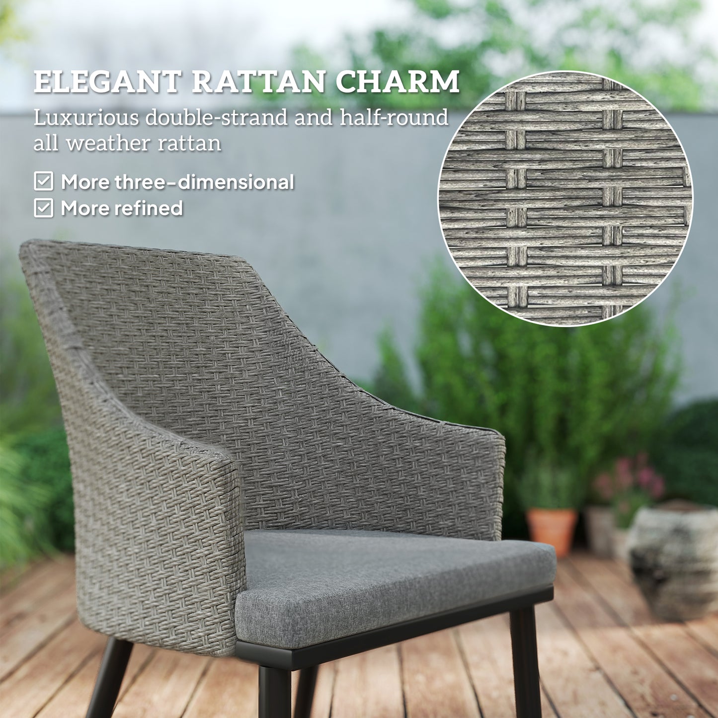 6 Seater Rattan Dining Set With Cushions, Garden Furniture Set With Armchairs, Rectangle Slatted Table Top, Steel Frame, Parasol Hole, Wicker Outdoor Furniture For Patio, Balcony, Grey