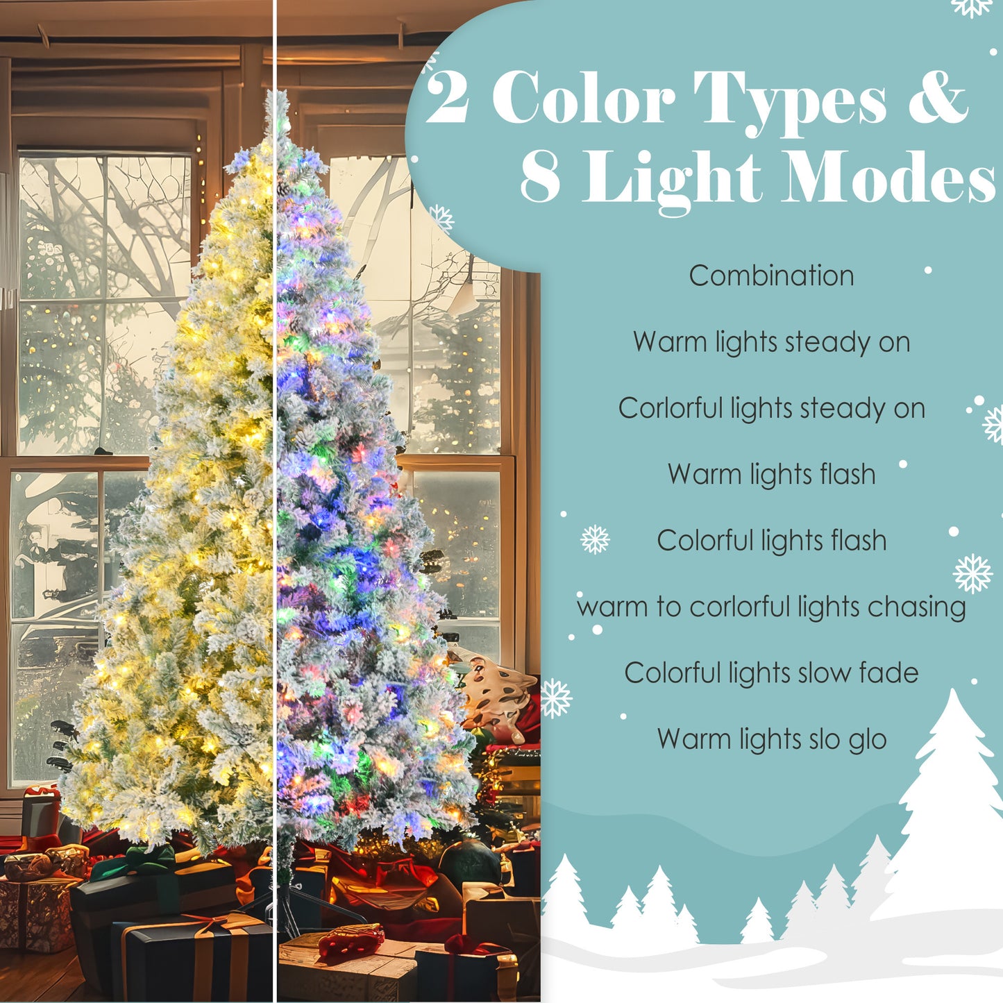 6 Feet Snow Covered Christmas Tree, Pre-Installed Light Set With Tree & Garland & Garland, Artificial Hinged Christmas Tree With Colored LED Lights, 8 Lighting Modes, Pine Cone, Home Holiday Decoratio