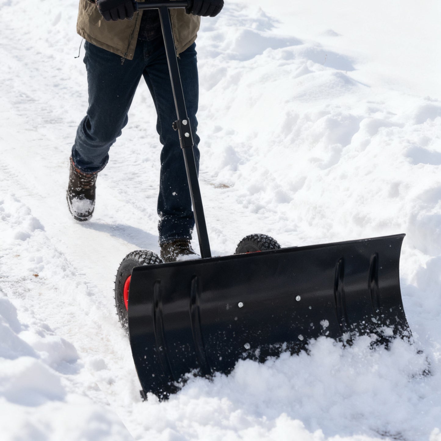 This 30-inch Wide, 15-inch High Metal Snowplow Features Two Wheels, Adjustable Handle Angle And Height For Easy Snow Removal, And An Ergonomic Single-pole Design Suitable For Driveways And Sidewalks.