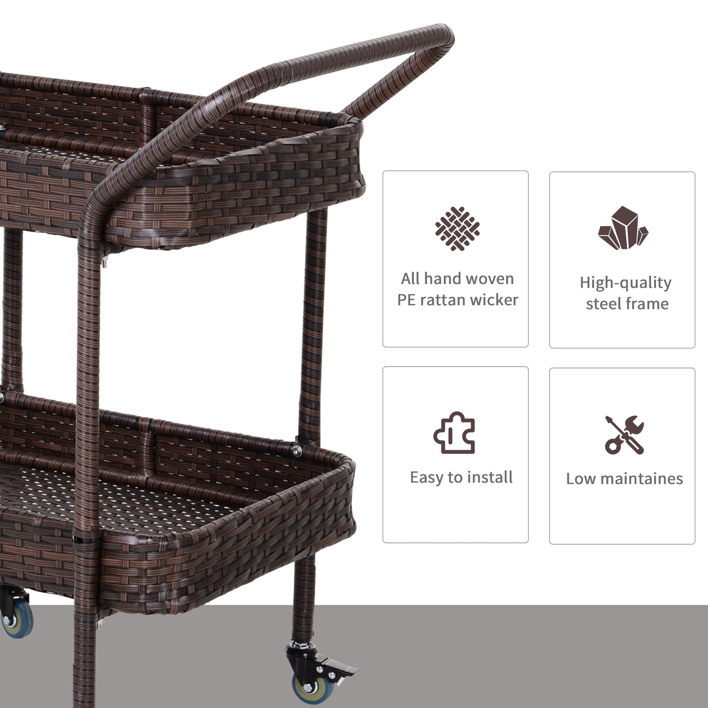 PE Rattan Outdoor Bar Table, Outdoor Kitchen Island with 2-Tier Shelf, Wheeled Patio Serving Cart with Brakes for Poolside, Garden, Brown