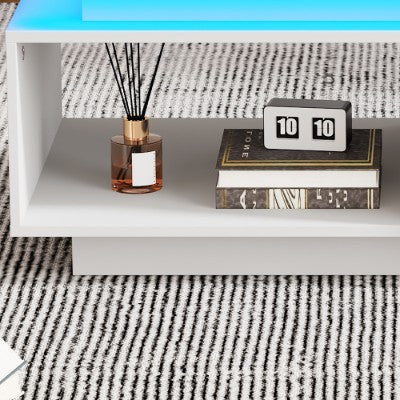 High Glossy LED Coffee Table With Drawer Storage, Wooden Centre Table With RGB Led Lights Rectangle Tea Table For Living Room Furniture, White Coffee Table With Open Display Shelf