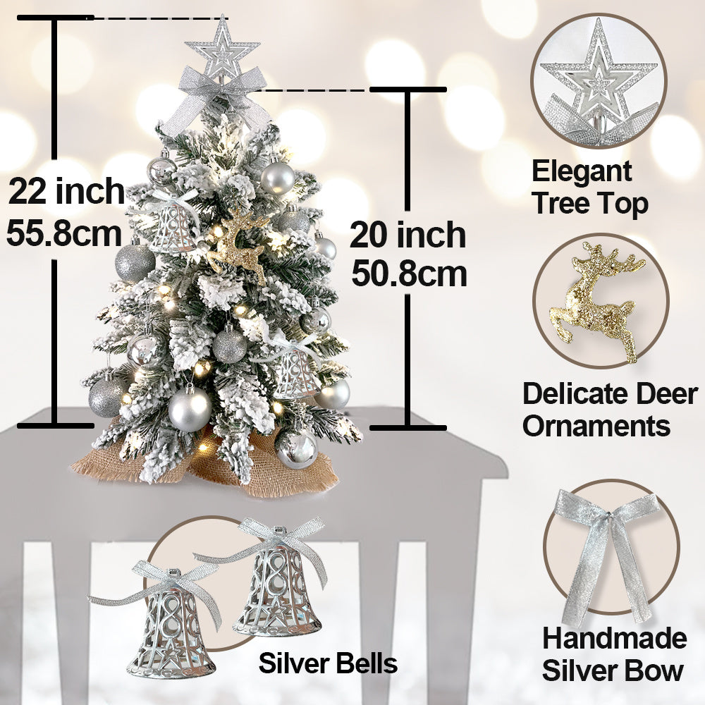 22in Tabletop Artificial Mini Silver Christmas Tree With Light With Flocked Snow