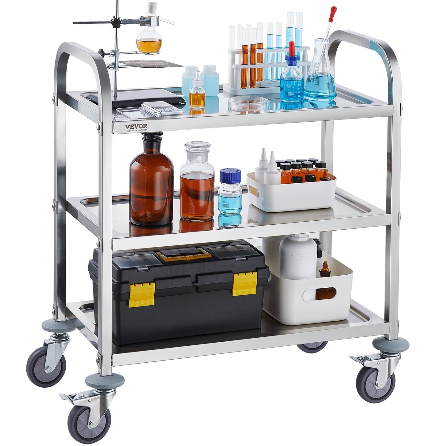 Stainless Steel Cart, 3-layer Practical Laboratory Cart, Carrying Capacity Of 400 Pounds, Medical Cart With Lockable Universal Wheels, Suitable For Laboratories, Clinics, Kitchens, Salons