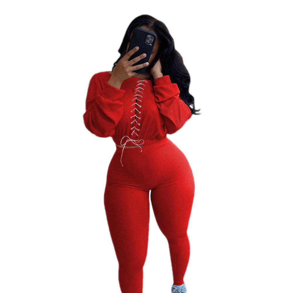 Autumn And Winter Tied Rope Leisure Sports Two-piece Set