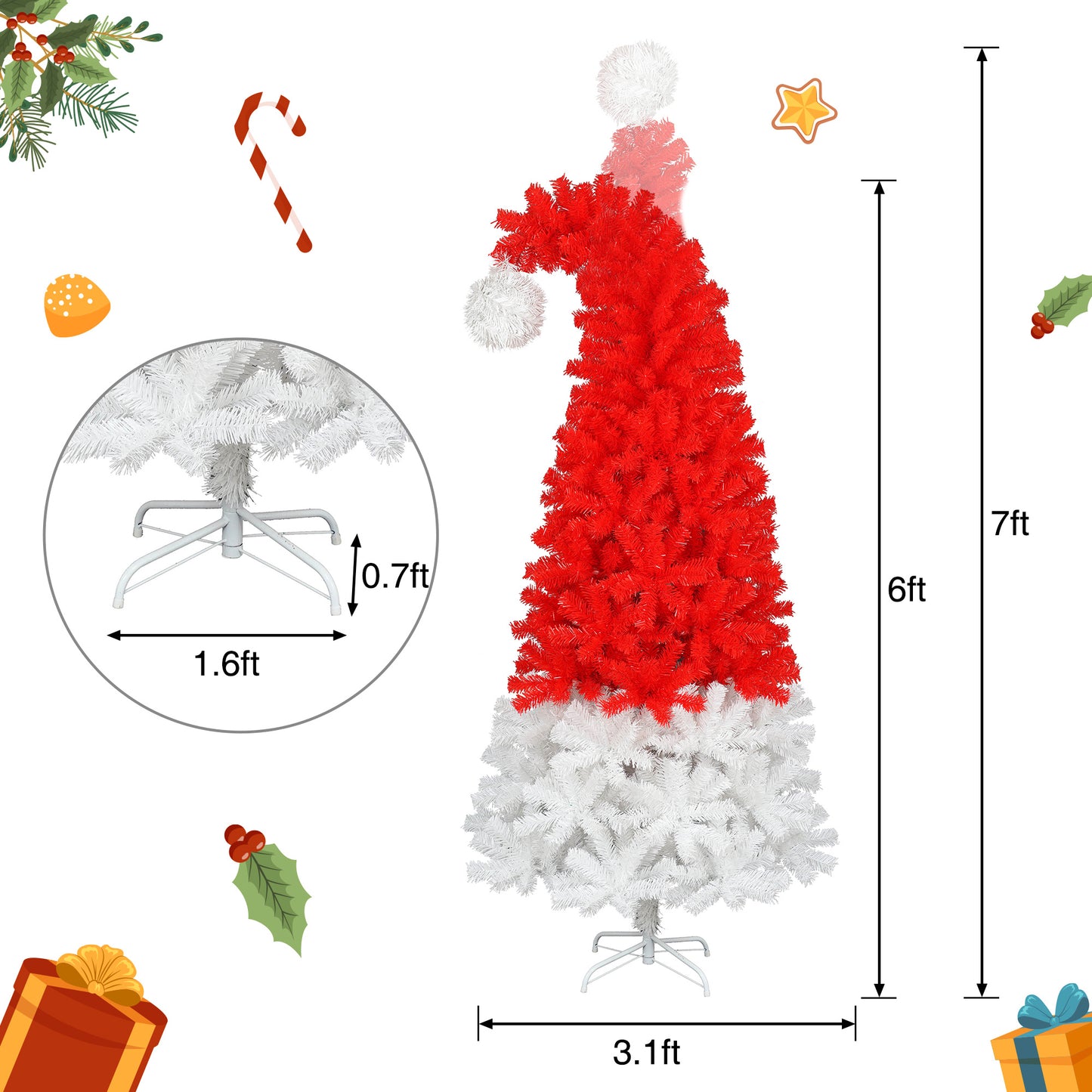 6FT Artificial Christmas Tree With LED Light, Santa's Hat Shape Artificial Whimsical Xmas Tree With 1050 Tip, Curved Xmax Tree