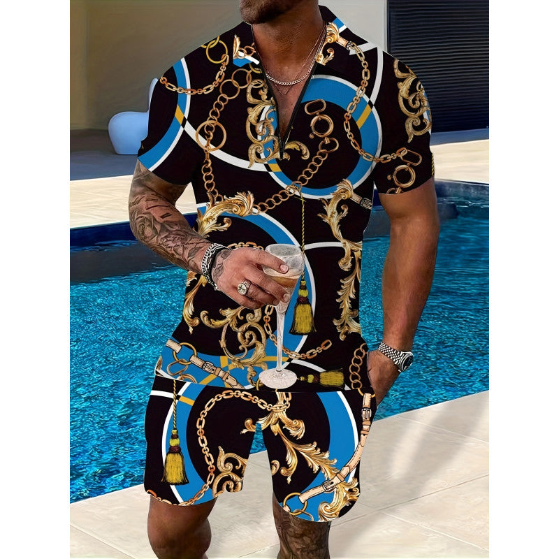 Two-piece Lapel Zipper Printed Leisure Sports