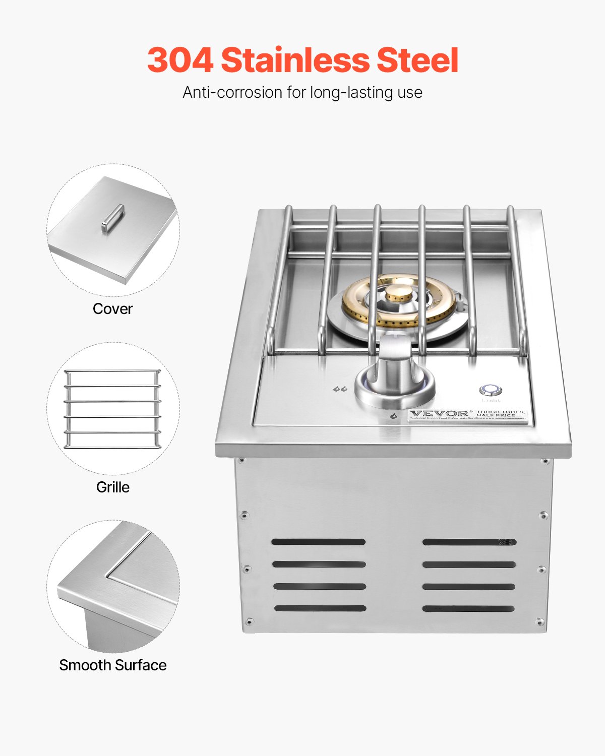 Single Grilling Side Burner For Outdoor 17,000BTU Propane & Natural Gas