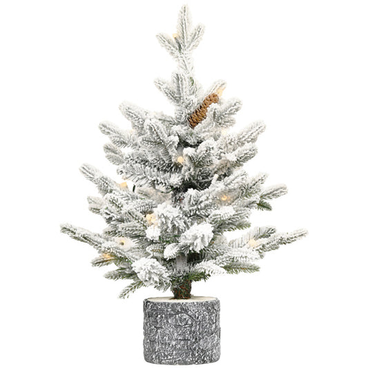 Artificial 2ft Decorated Flocking Basin Tree With 189 PE PVC Mixed Branch Tips, Pine Conex3, 30L Wram White Light, Holiday Decorating