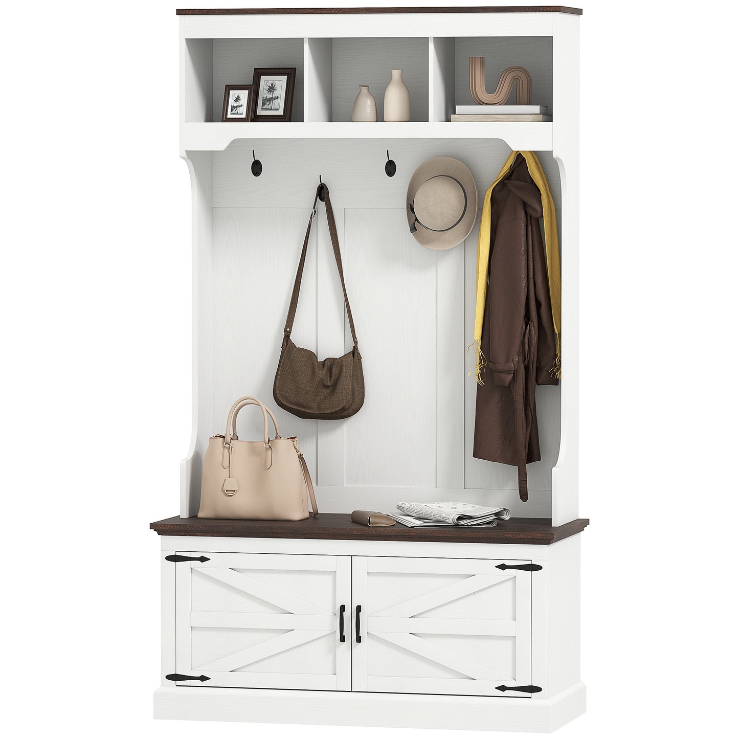 3-in-1 Hall Tree With Shoe Storage, Coat Rack With Bench, Entryway Furniture With Five Hooks, White Wood Grain