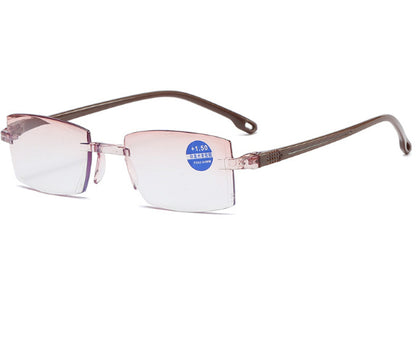 New Frameless Diamond Trimming Reading Glasses Comfortable Anti-blue Light Blue Film One Men's Glasses