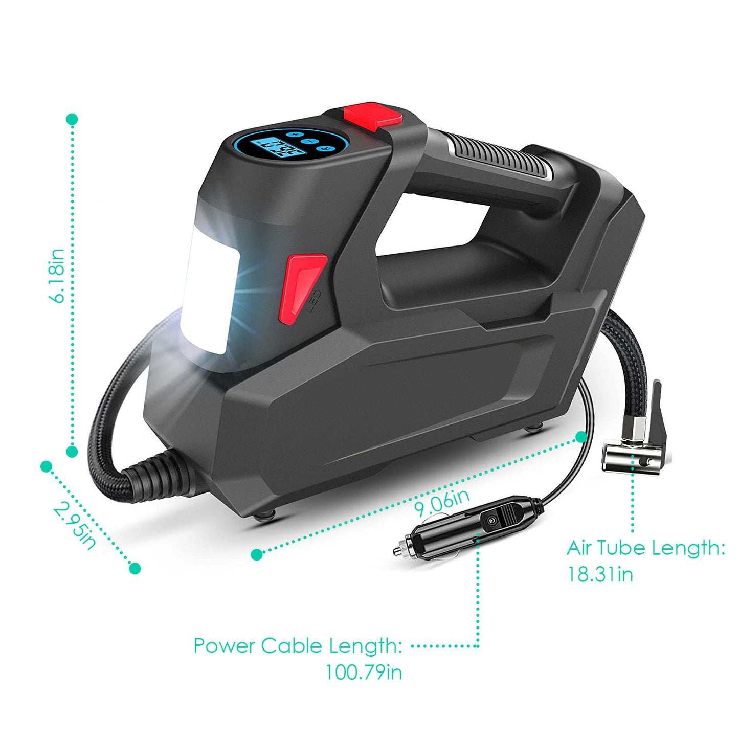 1Pc Portable Tire Inflator 120 PSI Maximum 90W Powered Tire Inflator With Digital Display LED Light Inflatable Nozzle Needle Fuse Air Compressor For Bikes Motorbikes Car Balls