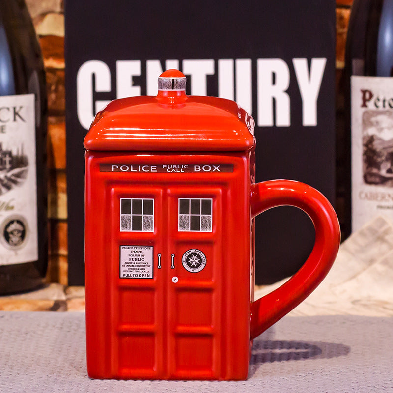 Police Box Ceramic Cup With Lid For Tea Coffee Mug