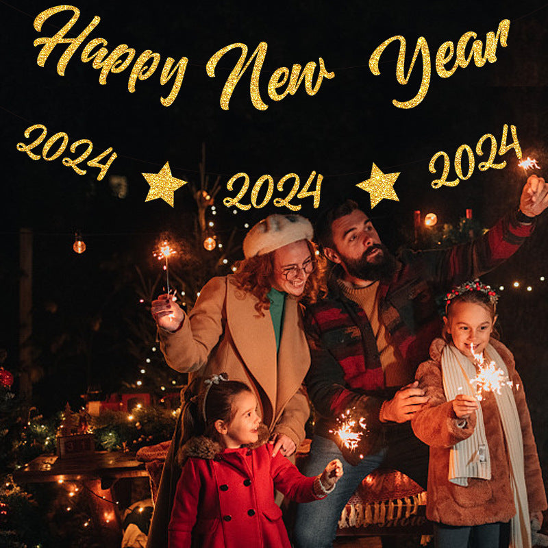 Gold Glitter Happy New Year Letter Hanging Flag Theme Party Banner Decoration