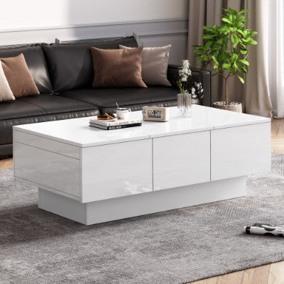 Coffee Table For Living Room, Modern Side Table Wooden Centre Table, White High Gloss Coffee Tea Tables With 2 Drawers And 2 Big Storage Space For Home Office Furniture