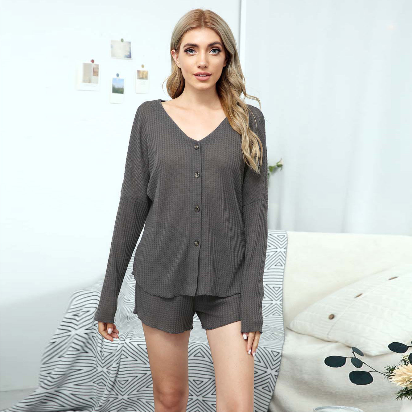 Ladies Home Leisure Suit Long Sleeve Shorts Two-piece Set