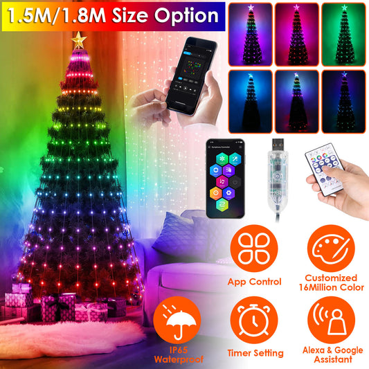 4.9FT S-5.9FT L Options -- 1Pc Collapsible Christmas Tree Light With Remote App Control IP65 Waterproof Customized Multi-Color Mode Timer Setting Work With Alexa Google