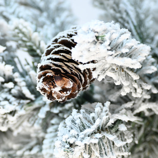 Artificial 6.5ft Decorated Flocking Basin Tree With 1386 PE PVC Mixed Branch Tips, Pine Cone X31, 350L Wram White Light, Holiday Decorating