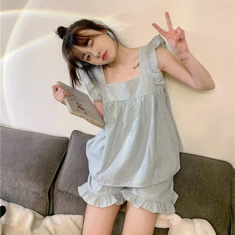 Cute Checked Pajamas Two-piece Set