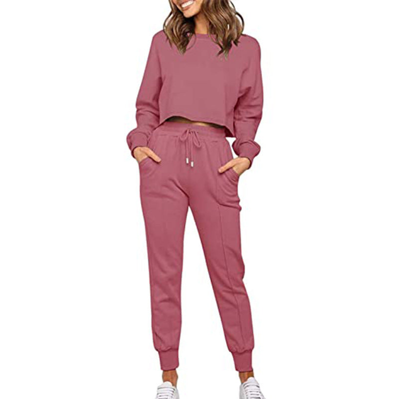 Women's Sports And Leisure Solid Color Long-Sleeve Sweatpants Two-Piece Set
