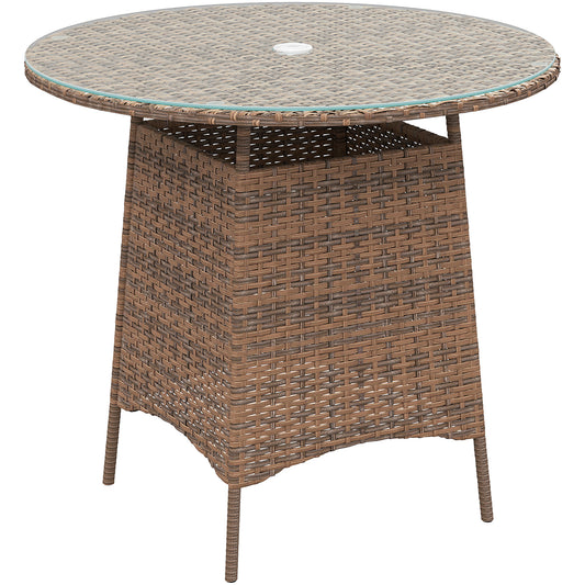 Wicker Garden Rattan Table, Patio Furniture Outdoor Coffee Table With Umbrella Hole And Tempered Glass Top, Brown