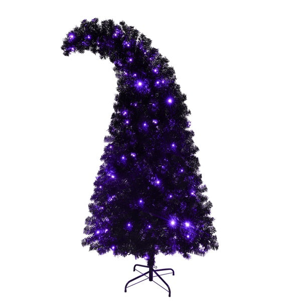 6FT Artificial Christmas Tree With LED Light, Pre-Lit Curved Shape Artificial Whimsical Xmas Tree With 900 Tips, Black Christmas Tree