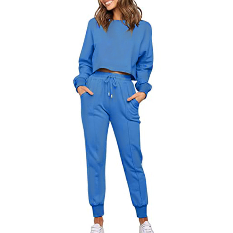 Women's Sports And Leisure Solid Color Long-Sleeve Sweatpants Two-Piece Set