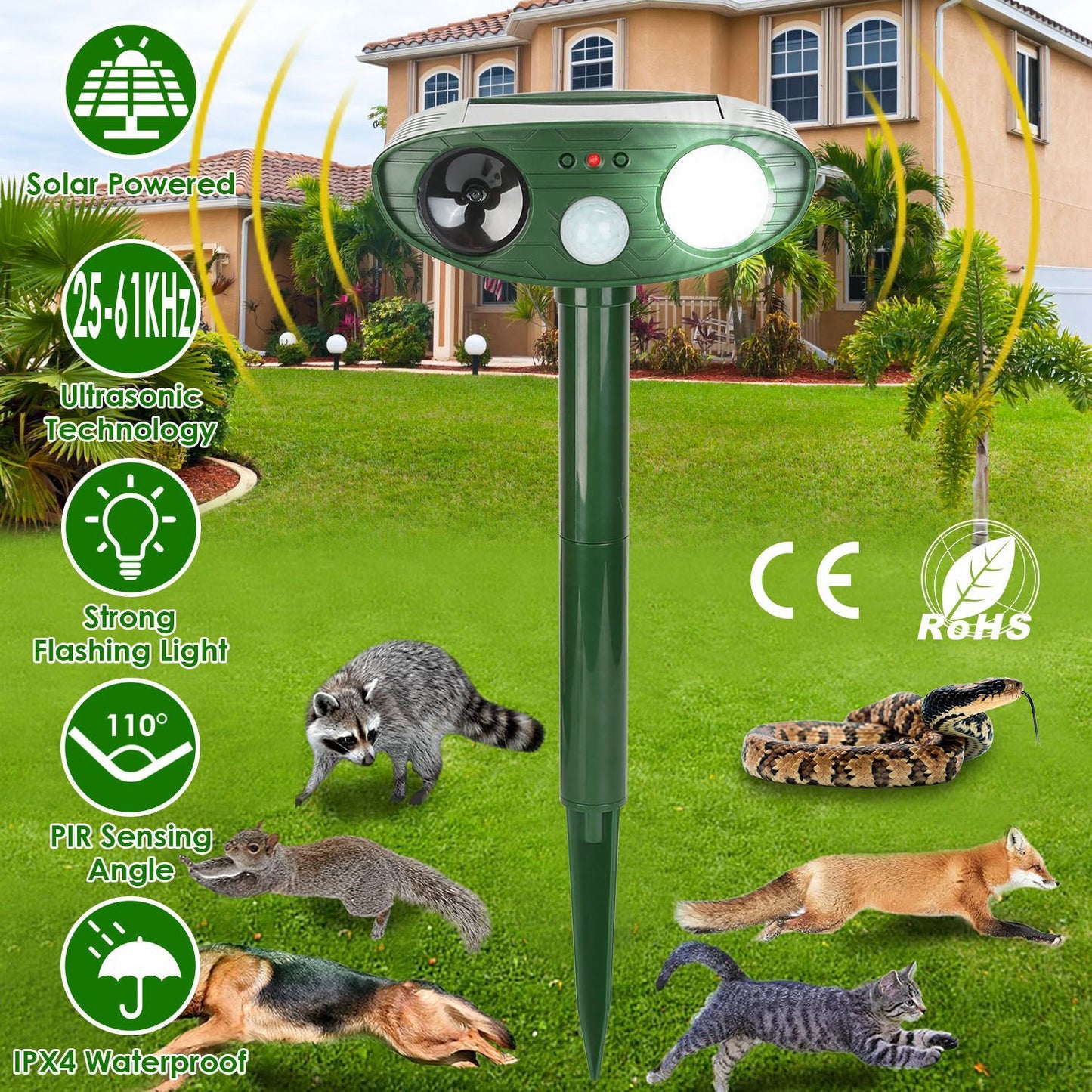 1Pc Solar Ultrasonic Animal Repeller PIR Sensor Animal Repellent Chaser With Flashing Light IPX4 Waterproof For Chasing Deer Raccoon Squirrel Rat Skunk Rabbit Mole Dog Cat Snake
