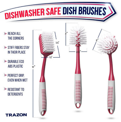 Red Dish Brush Set Of 3 With Bottle Water Brush Dish Scrub Brush And Scrubber Brush For Kitchen Ergonomic Non Slip Long Handle