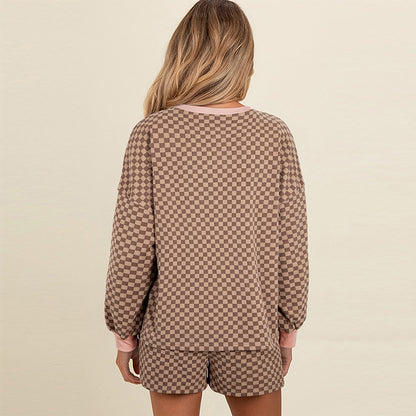 Drawstring Leisure Suit Women's Printed Checks Long Sleeve Two-piece Set