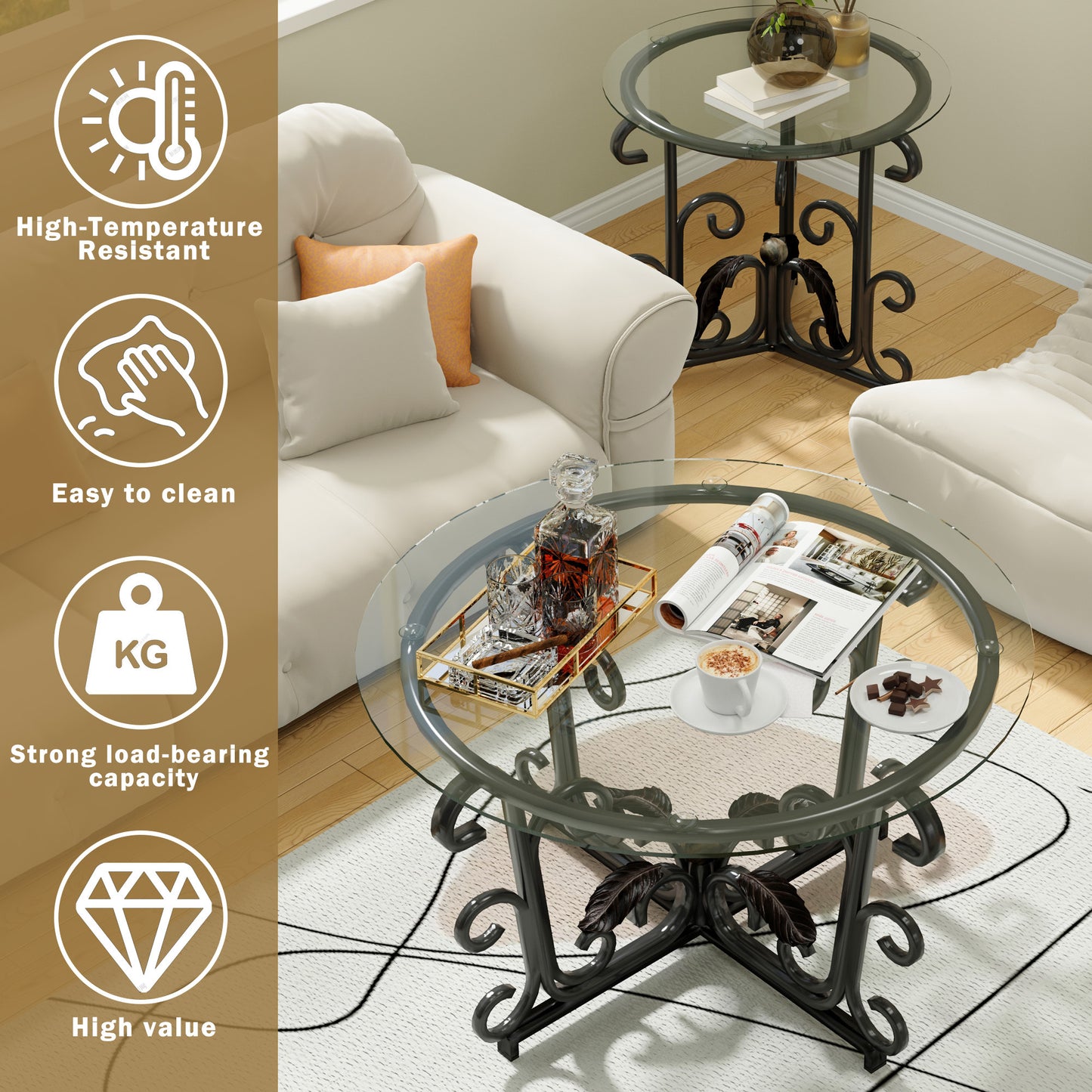 3-Piece Coffee Table Set, Tempered Glass Surface With Sturdy Metal Frame - Modern Living Room Sets 1 Coffee Table 2 End Tables, Scratch-Resistant & Easy To Clean For Small Spaces, Apartments