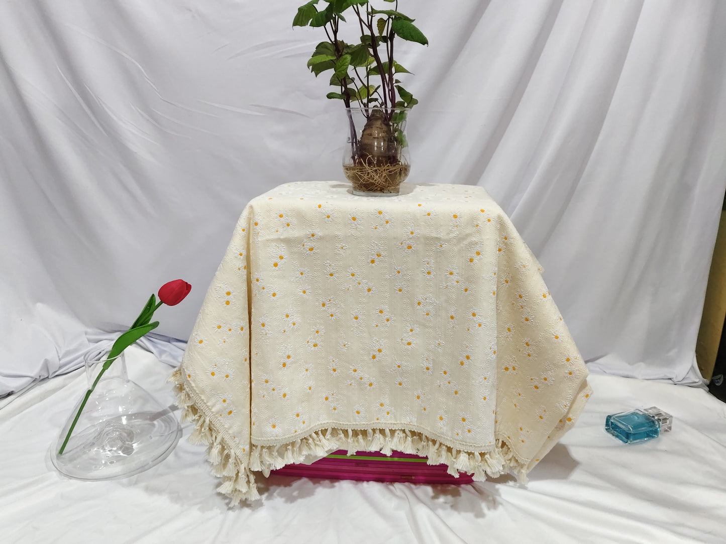 Pastoral Tassel Cotton Floral Tablecloth Desk Kitchen Wedding Restaurant Decoration Background Fabric