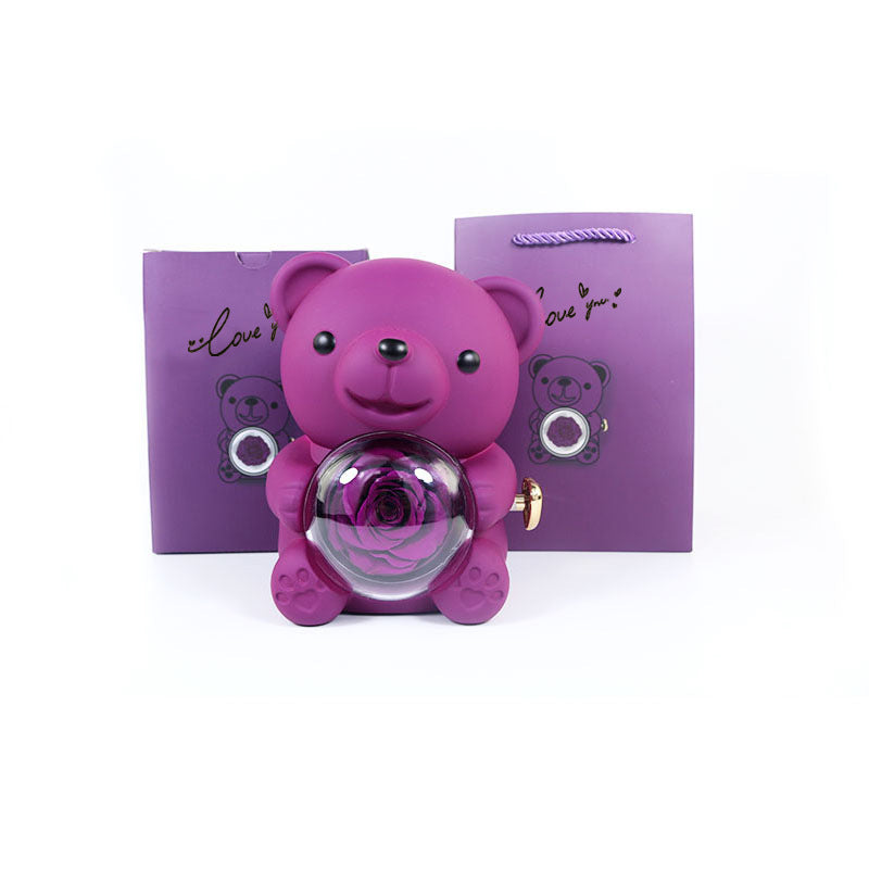 Rotating Bear Gift Box Eternal Rose Teddy Bear Jewelry Box With Necklace Valentine Wedding Special Present For Girlfriend Anniversary Gift Jewelry Box