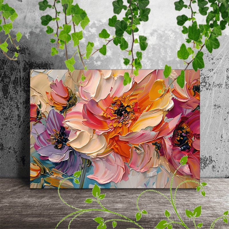 1pc Vibrant Floral Canvas Art With Wooden Frame - Textured Pastel Flowers, Abstract Blossom Arrangement For Home & Office Decor, Ideal For Living Room, Corridor, Anniversary