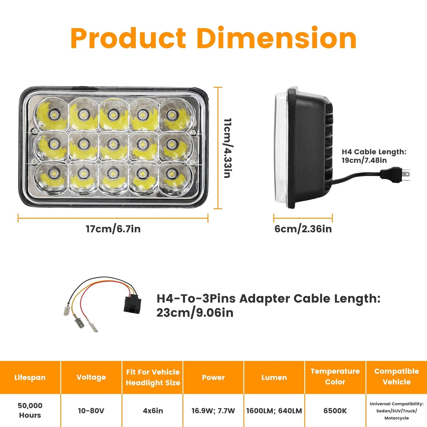 2Pcs 4x6in Car LED Headlights Vehicle Rectangular Headlamp With H4 Socket H4-to-3Pins Adapter With High Low Beam White Light IP68 Waterproof For 10-80V SUV Truck Sedan Car Motorcycle
