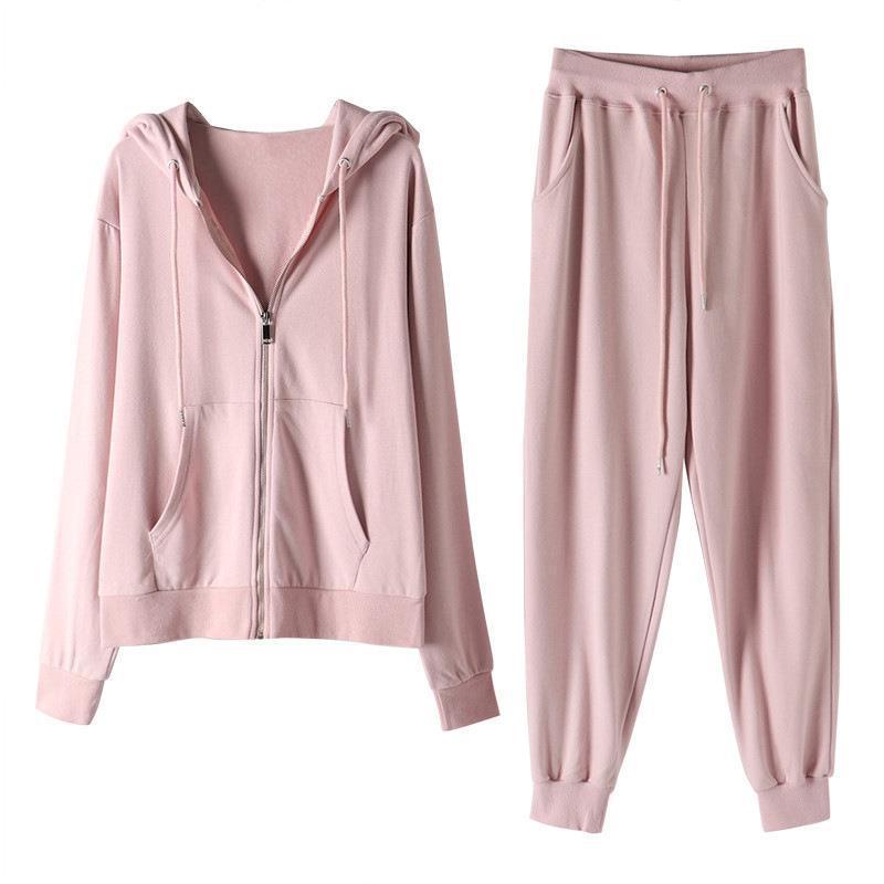 Women's Sweater Zipper Hooded Sweatshirt Two-piece Set Loose Leisure Suit