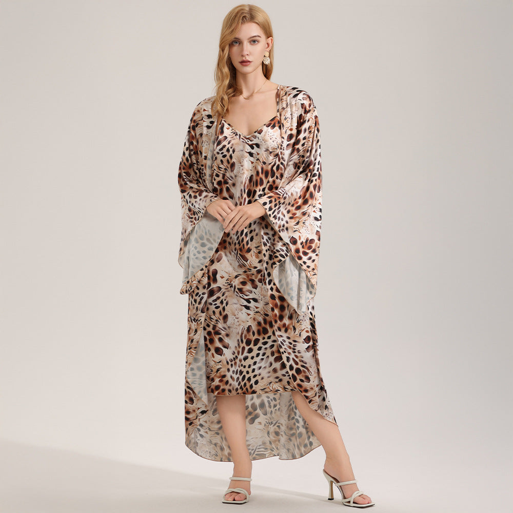 Elegant Printed Satin Chiffon Camisole Robe SpringSummer Two-Piece Set