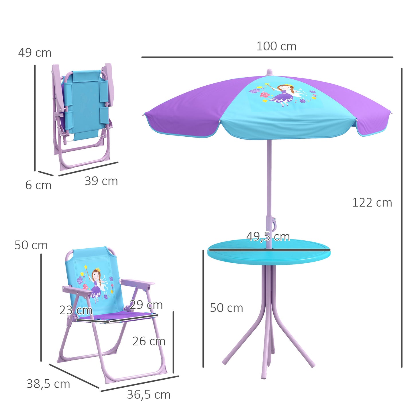 Kids Picnic Table And Chair Set, Fairy Themed Outdoor Garden Furniture W/ Foldable Chairs, Adjustable Parasol