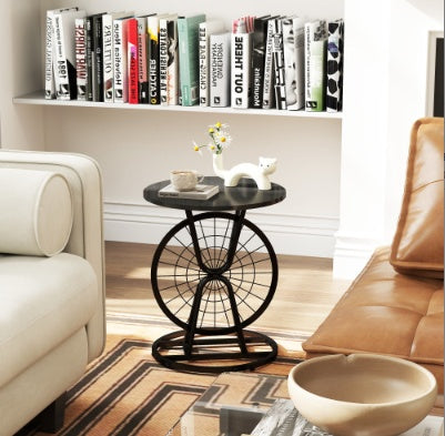 2 Piece Vintage Industrial Wheel Design Side Table, Round Accent Table With Metal Frame, Rustic Coffee Table For Living Room, Bedroom, And Office